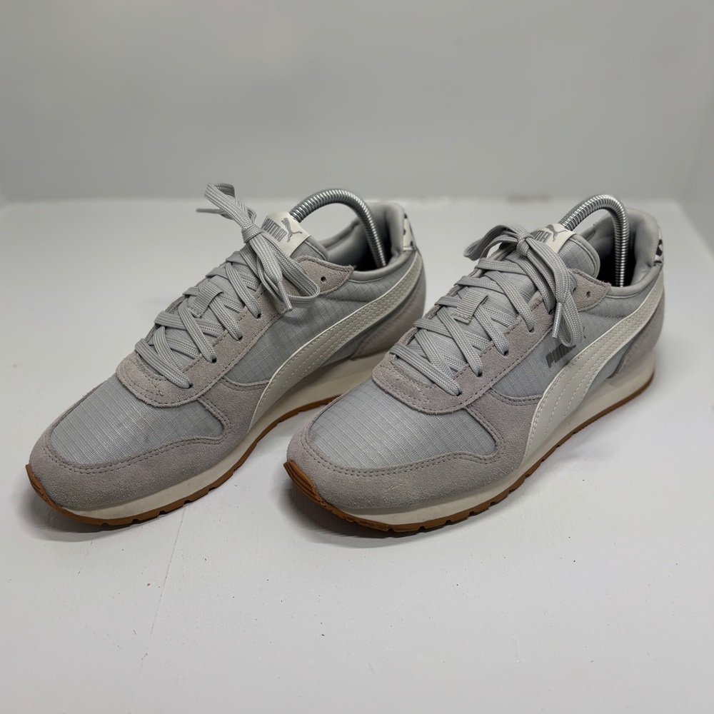Puma Retro Runner Sneakers Womens 8.5 Gray Suede Nylon Gum Sole Leopard Heel - Picture 2 of 13